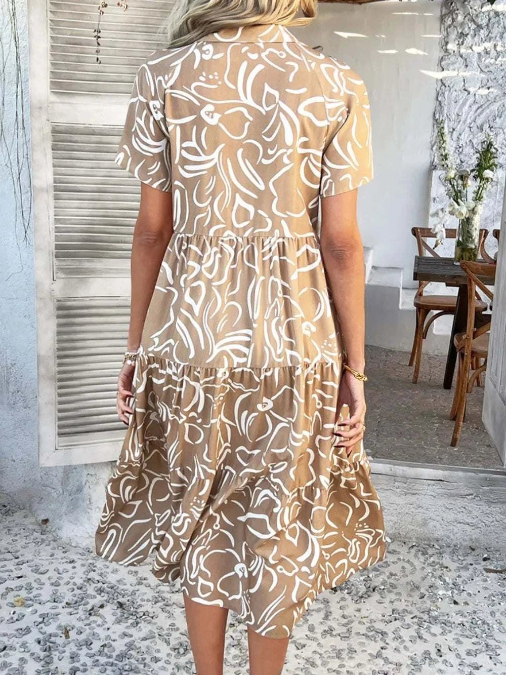 Devine Printed Johnny Collar Button Down Short Sleeve Midi Shirt Dress - StyleLure