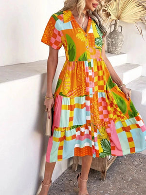 Devine Printed Johnny Collar Button Down Short Sleeve Midi Shirt Dress - StyleLure