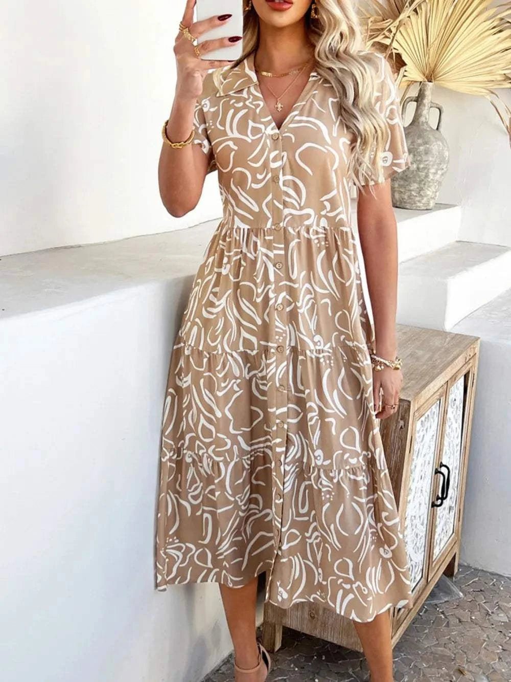 Devine Printed Johnny Collar Button Down Short Sleeve Midi Shirt Dress - StyleLure