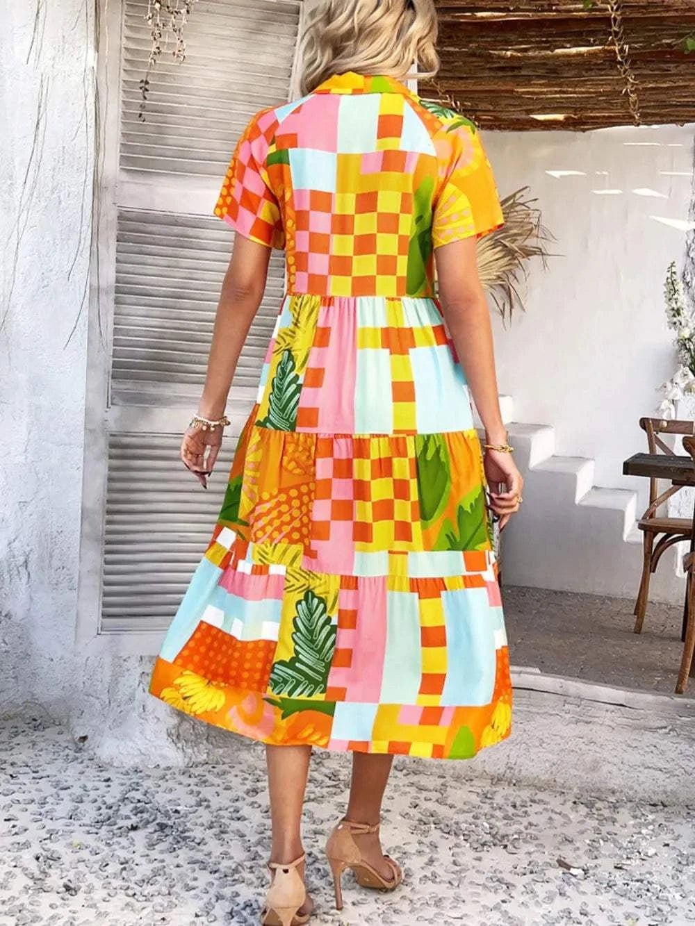 Devine Printed Johnny Collar Button Down Short Sleeve Midi Shirt Dress - StyleLure