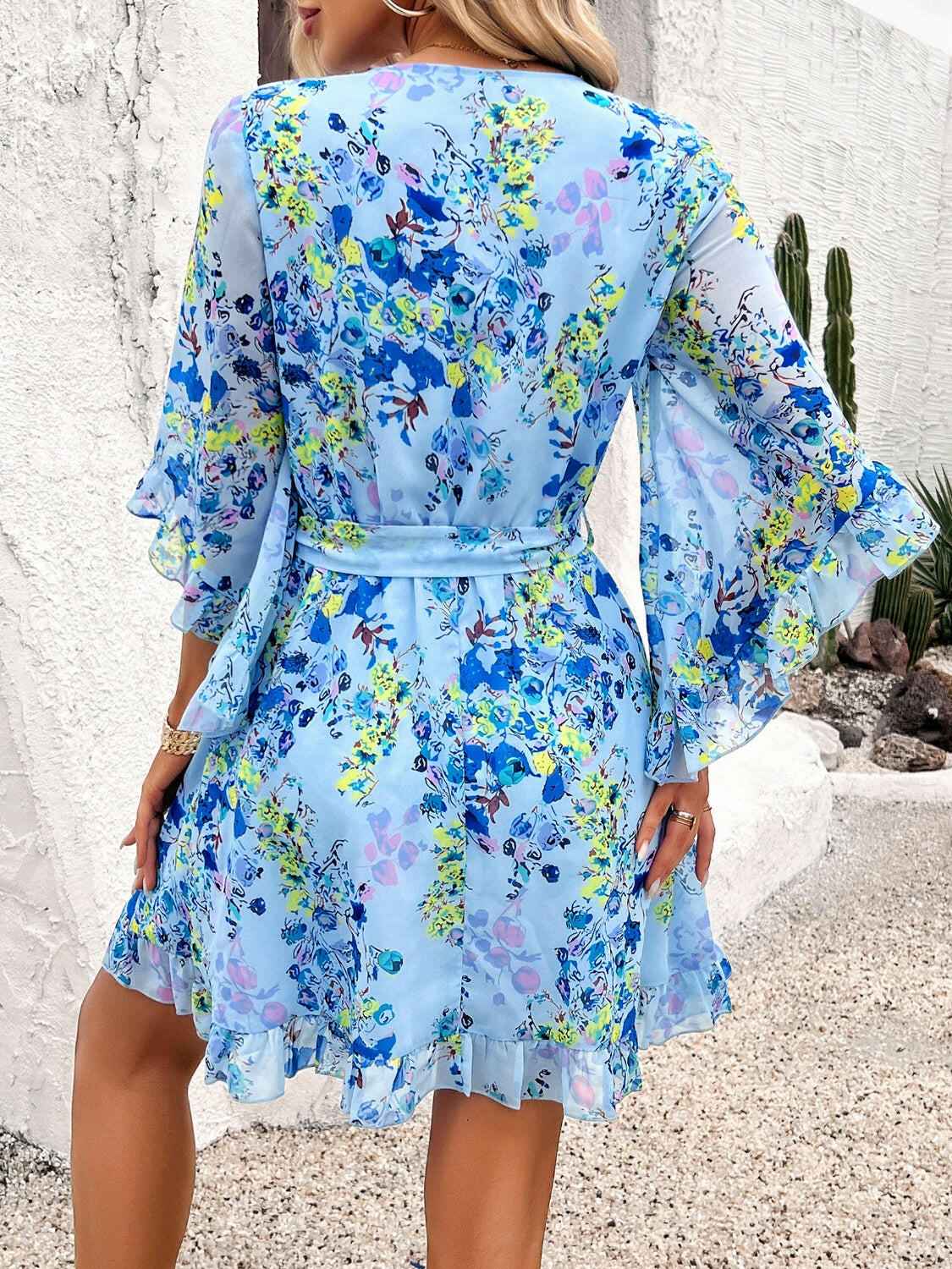 Devine Ruffled Printed Surplice Half Sleeve Mini Dress - StyleLure