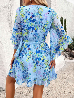 Devine Ruffled Printed Surplice Half Sleeve Mini Dress - StyleLure
