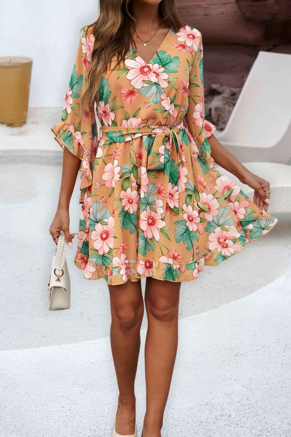 Devine Ruffled Printed Surplice Half Sleeve Mini Dress - StyleLure