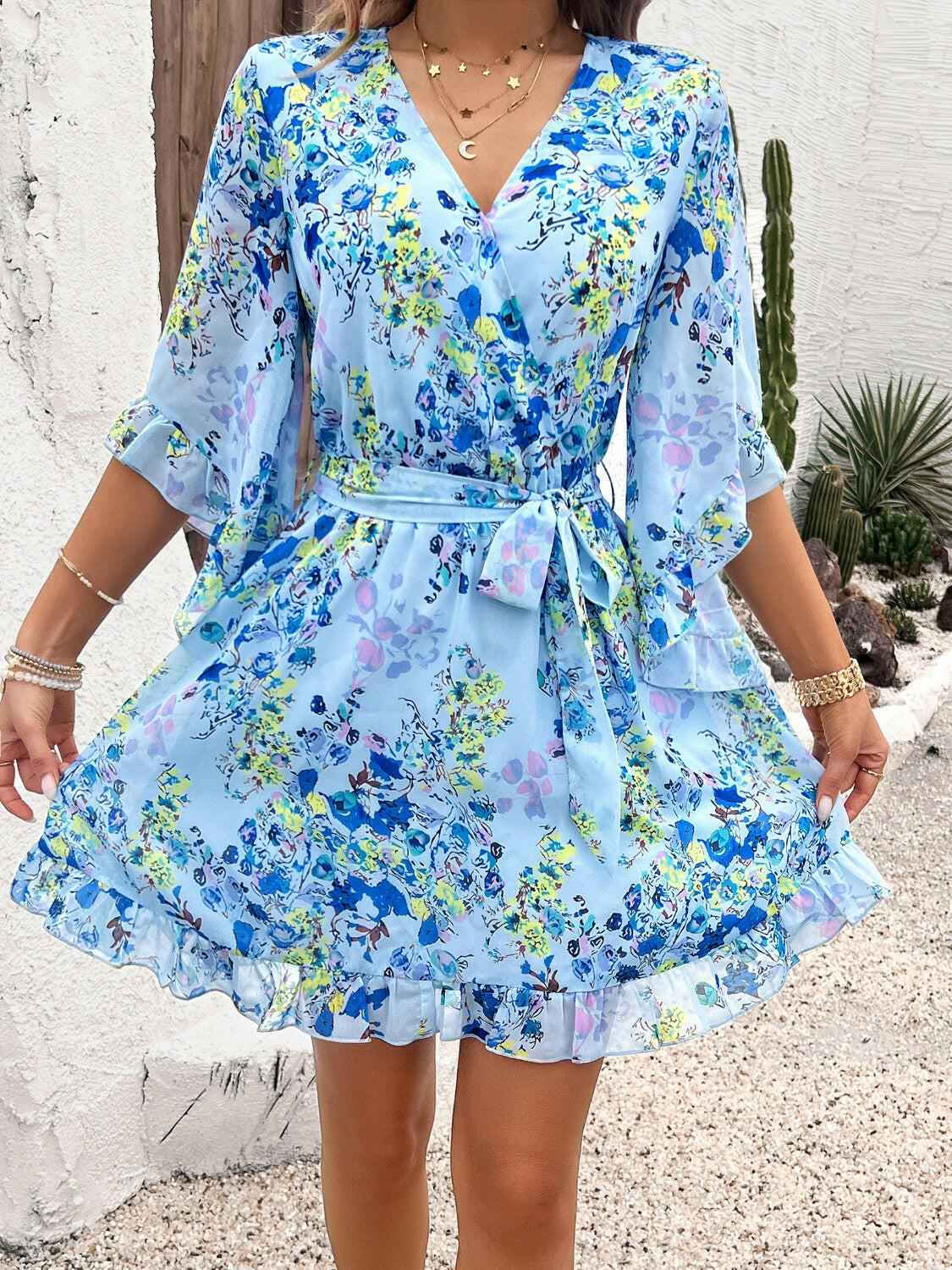 Devine Ruffled Printed Surplice Half Sleeve Mini Dress - StyleLure