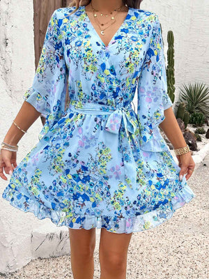 Devine Ruffled Printed Surplice Half Sleeve Mini Dress - StyleLure