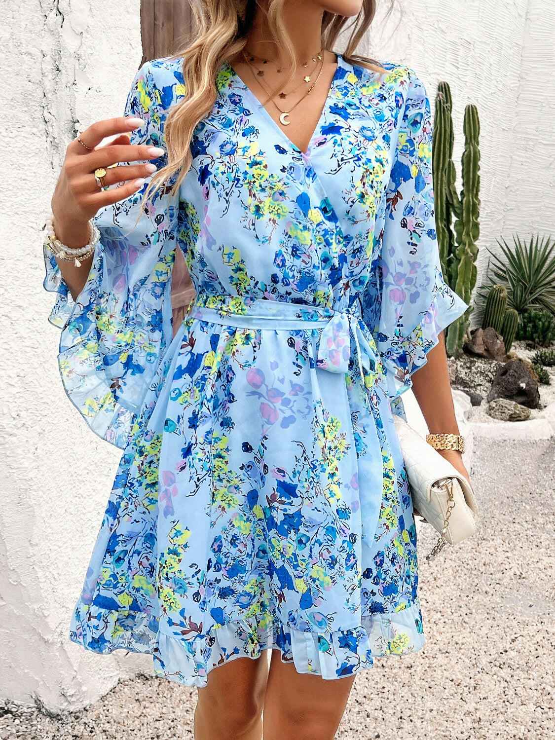 Devine Ruffled Printed Surplice Half Sleeve Mini Dress - StyleLure