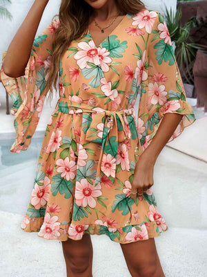 Devine Ruffled Printed Surplice Half Sleeve Mini Dress - StyleLure