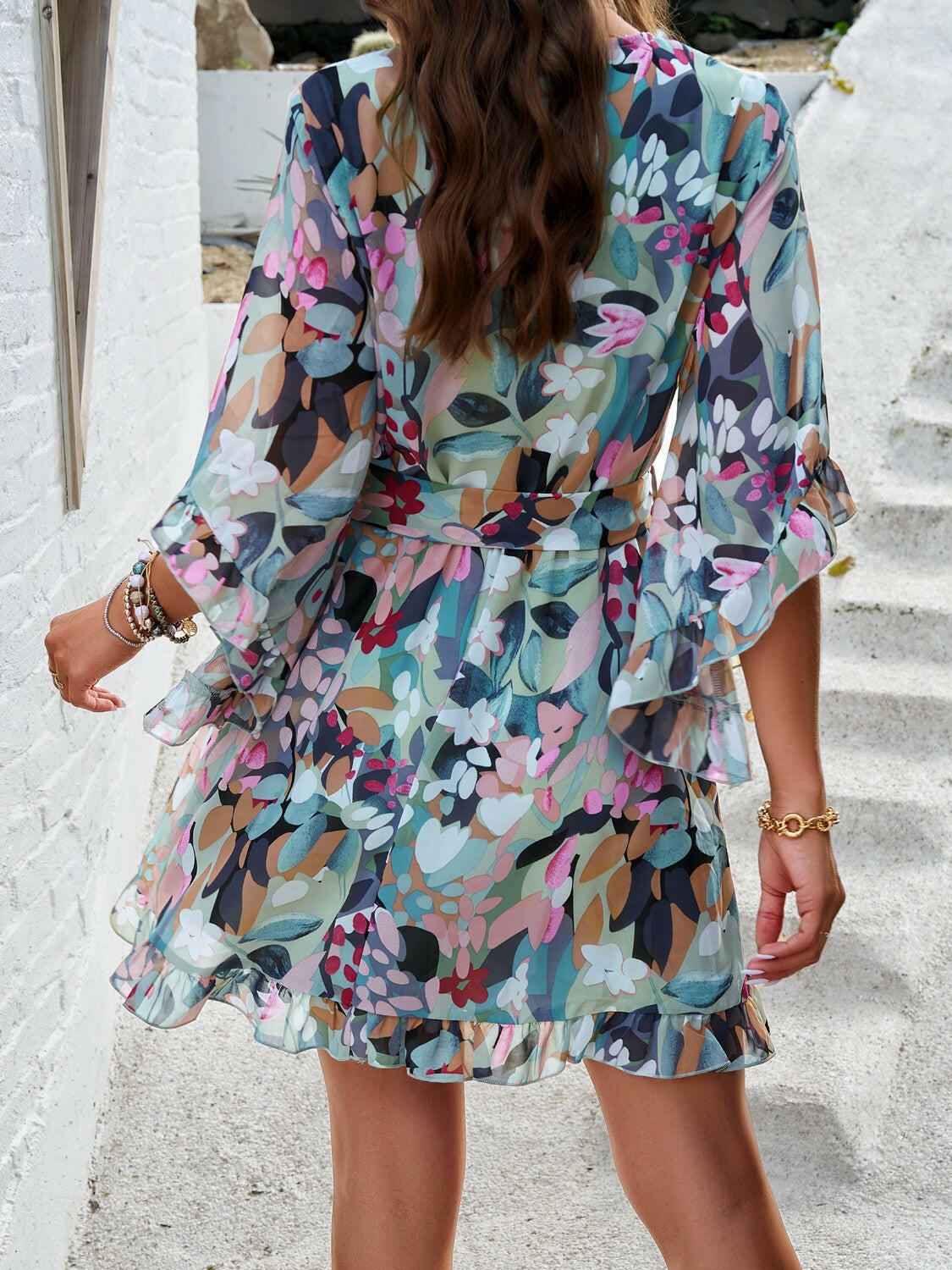 Devine Ruffled Printed Surplice Half Sleeve Mini Dress - StyleLure