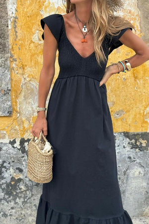 V Neck Ruffled Cap Sleeve Smocked Maxi Dress - StyleLure