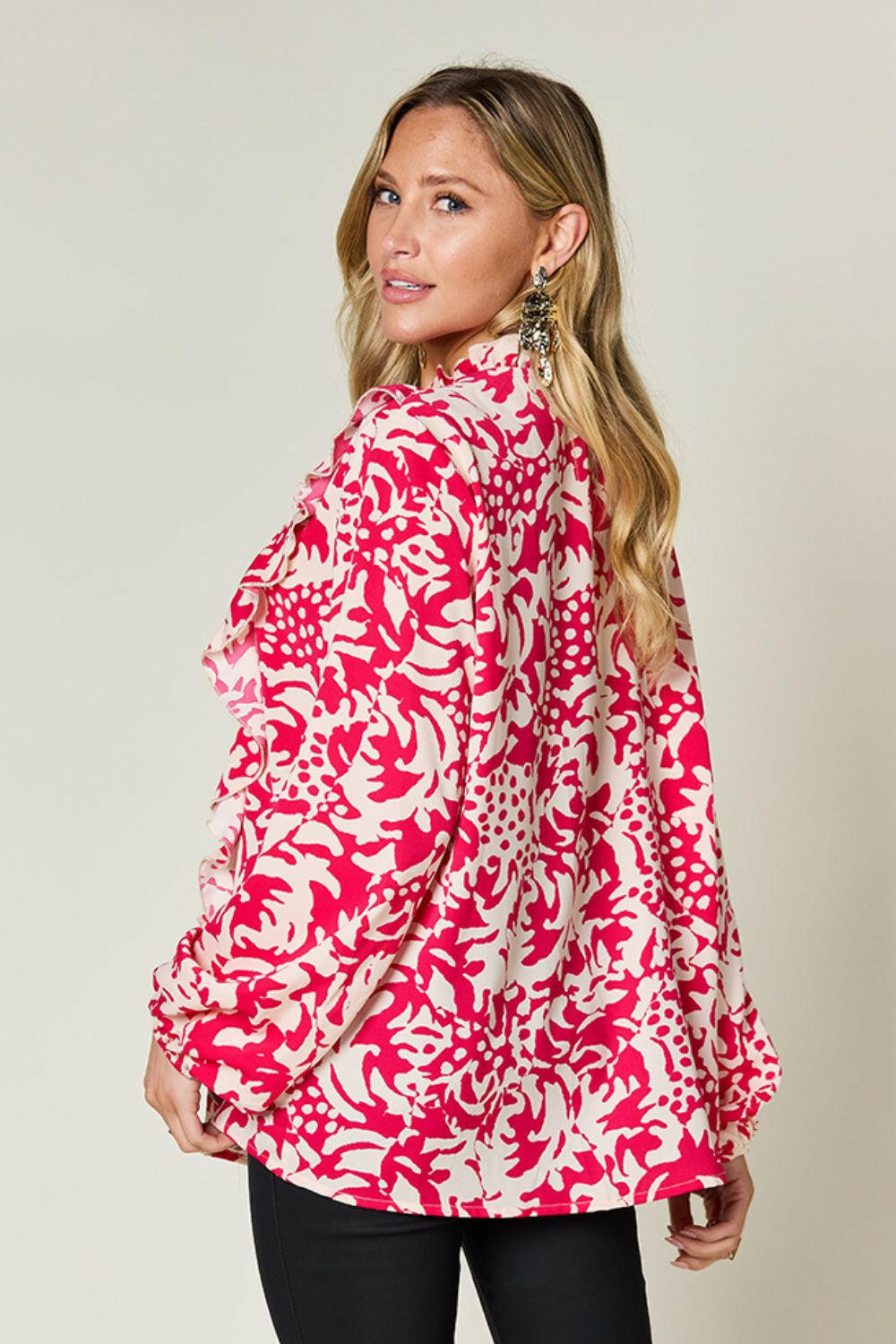Double Take Full Size Printed Ruffle Trim Balloon Sleeve Shirt - StyleLure