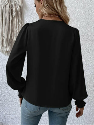 Surplice Smocked Lantern Sleeve Blouse - StyleLure