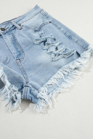 Distressed Raw Hem High Waist Denim Shorts - StyleLure