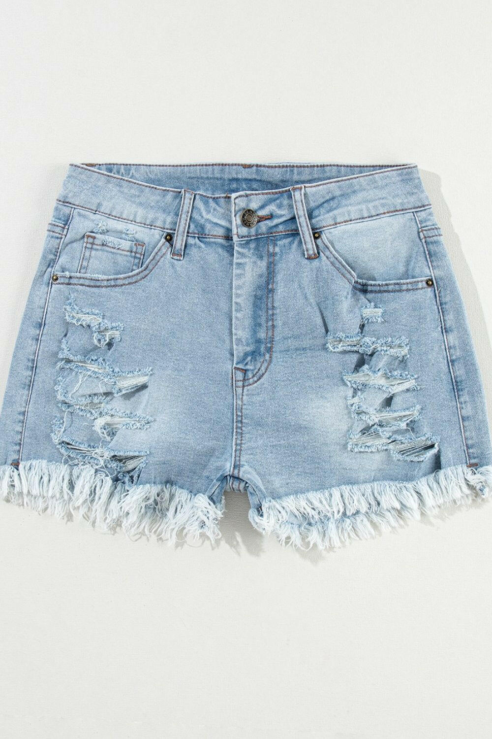 Distressed Raw Hem High Waist Denim Shorts - StyleLure