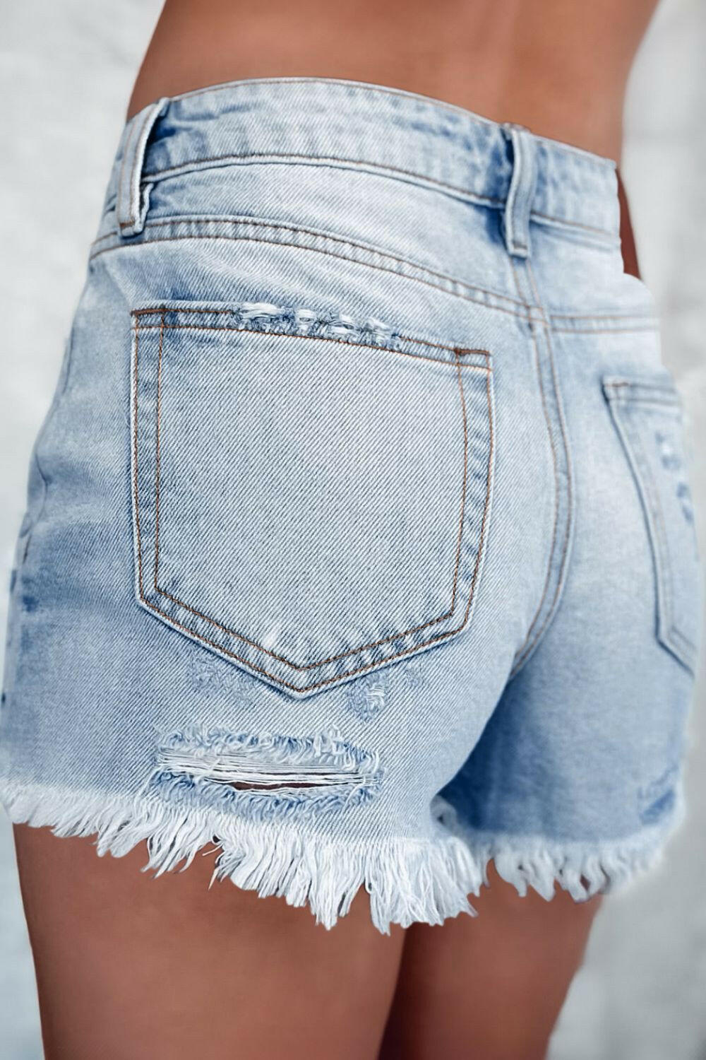 Distressed Raw Hem High Waist Denim Shorts - StyleLure