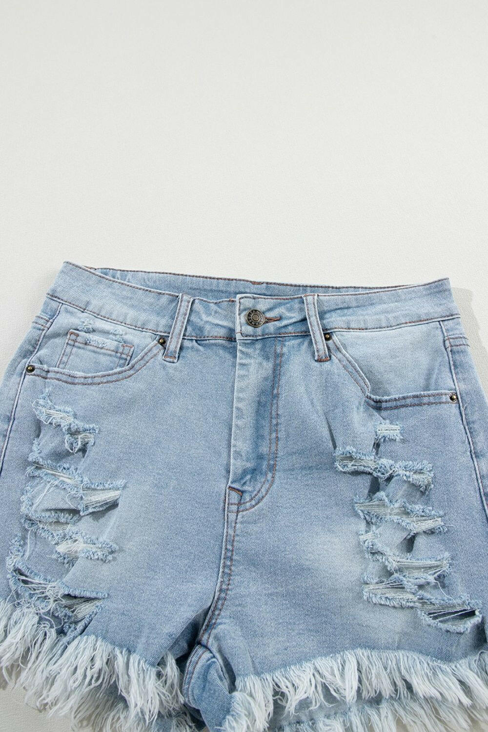 Distressed Raw Hem High Waist Denim Shorts - StyleLure