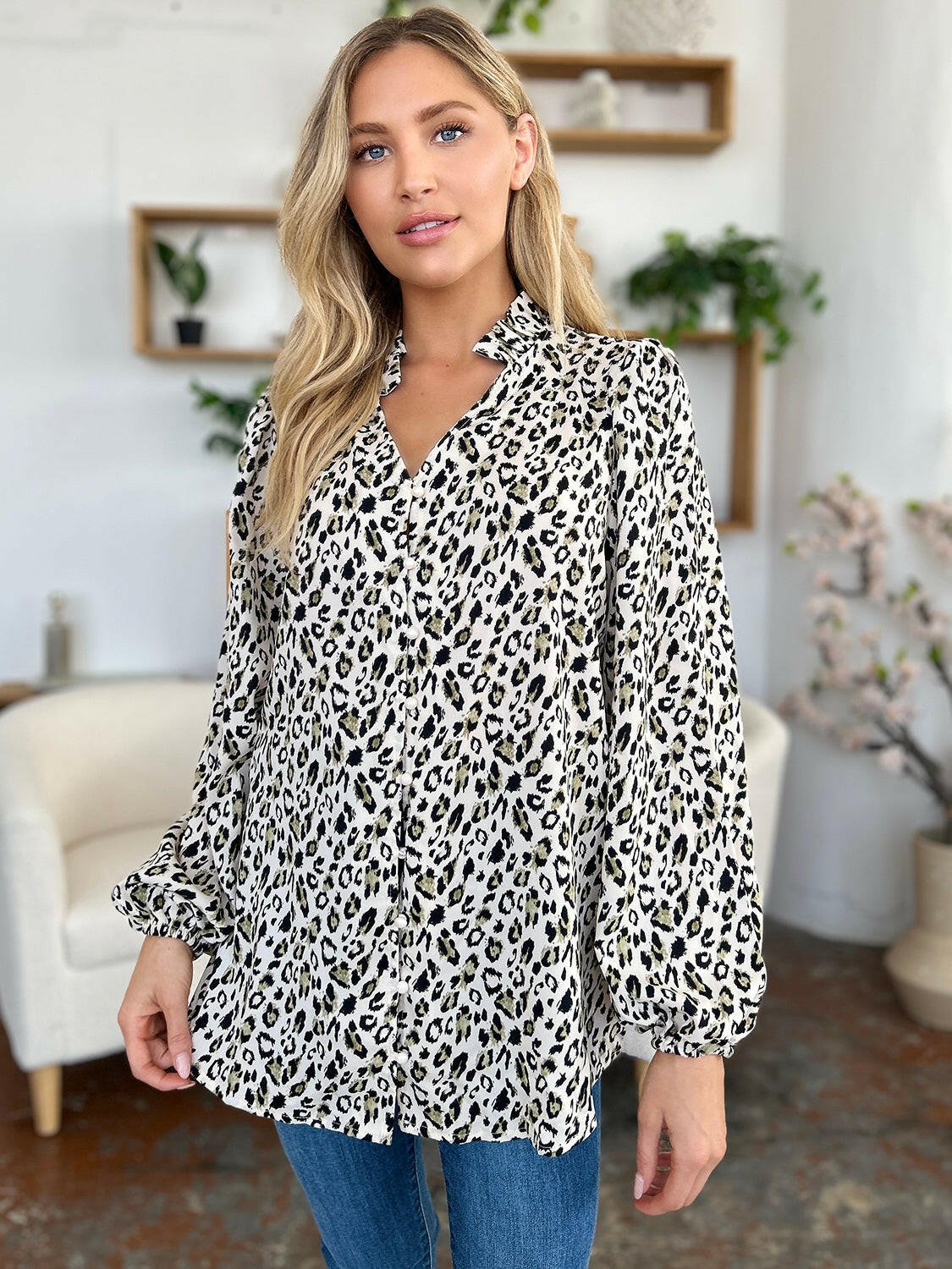 Double Take Full Size Leopard Long Sleeve Blouse - StyleLure