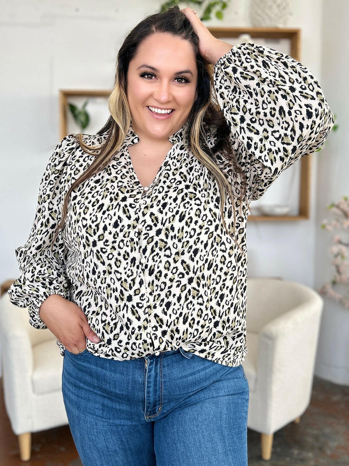 Double Take Full Size Leopard Long Sleeve Blouse - StyleLure