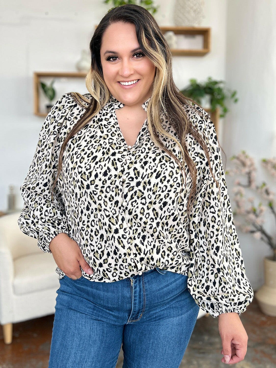 Double Take Full Size Leopard Long Sleeve Blouse - StyleLure