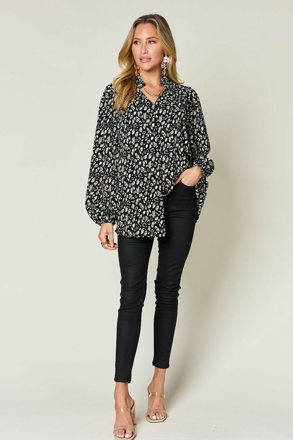 Double Take Full Size Leopard Long Sleeve Blouse - StyleLure