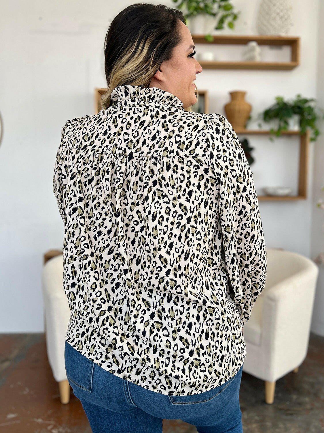 Double Take Full Size Leopard Long Sleeve Blouse - StyleLure