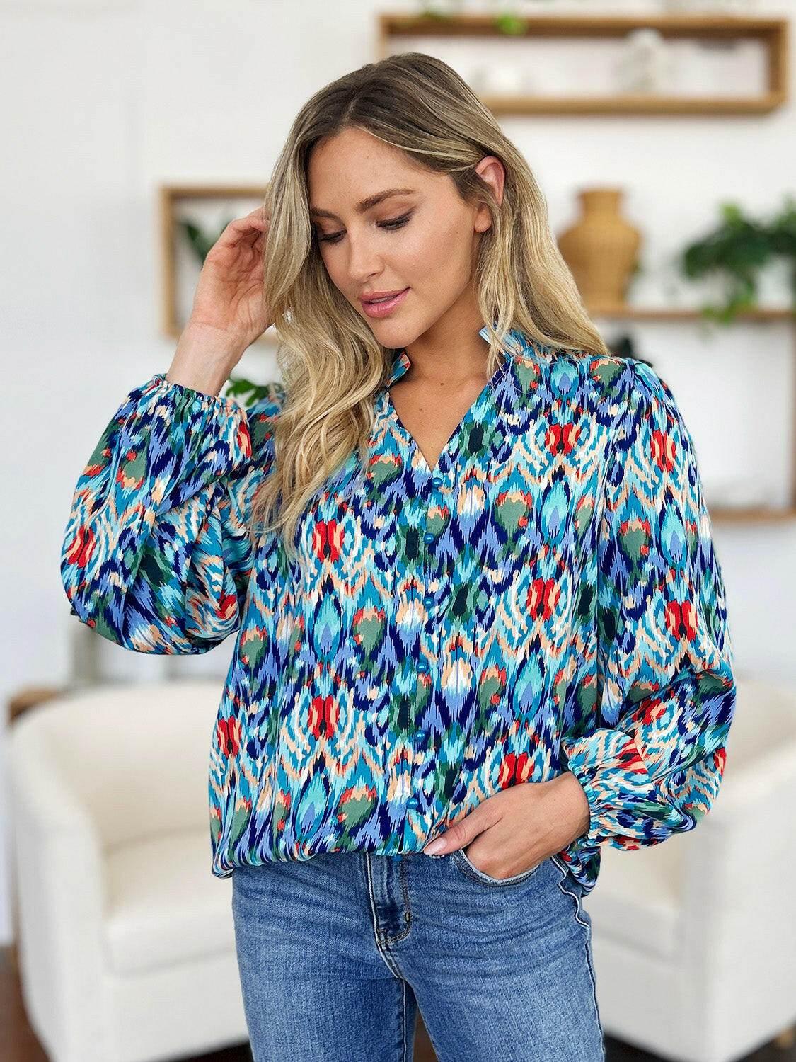 Double Take Full Size Printed Balloon Sleeve Blouse - StyleLure