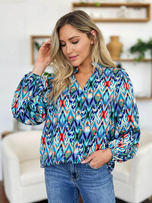 Double Take Full Size Printed Balloon Sleeve Blouse - StyleLure