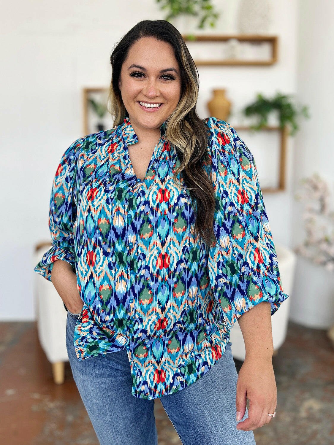 Double Take Full Size Printed Balloon Sleeve Blouse - StyleLure