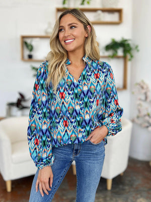 Double Take Full Size Printed Balloon Sleeve Blouse - StyleLure