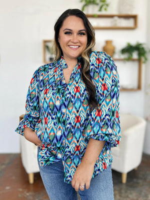 Double Take Full Size Printed Balloon Sleeve Blouse - StyleLure