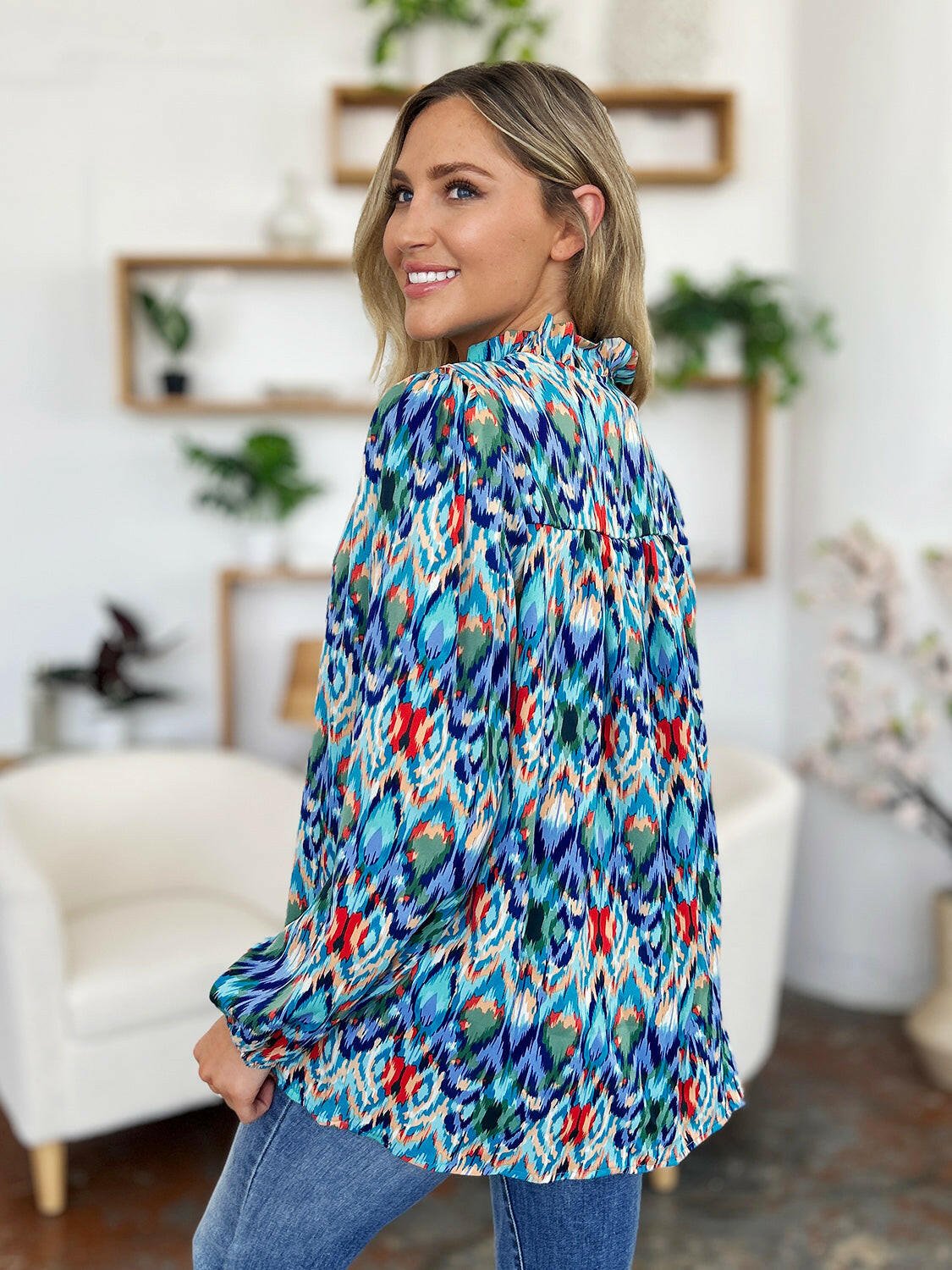 Double Take Full Size Printed Balloon Sleeve Blouse - StyleLure