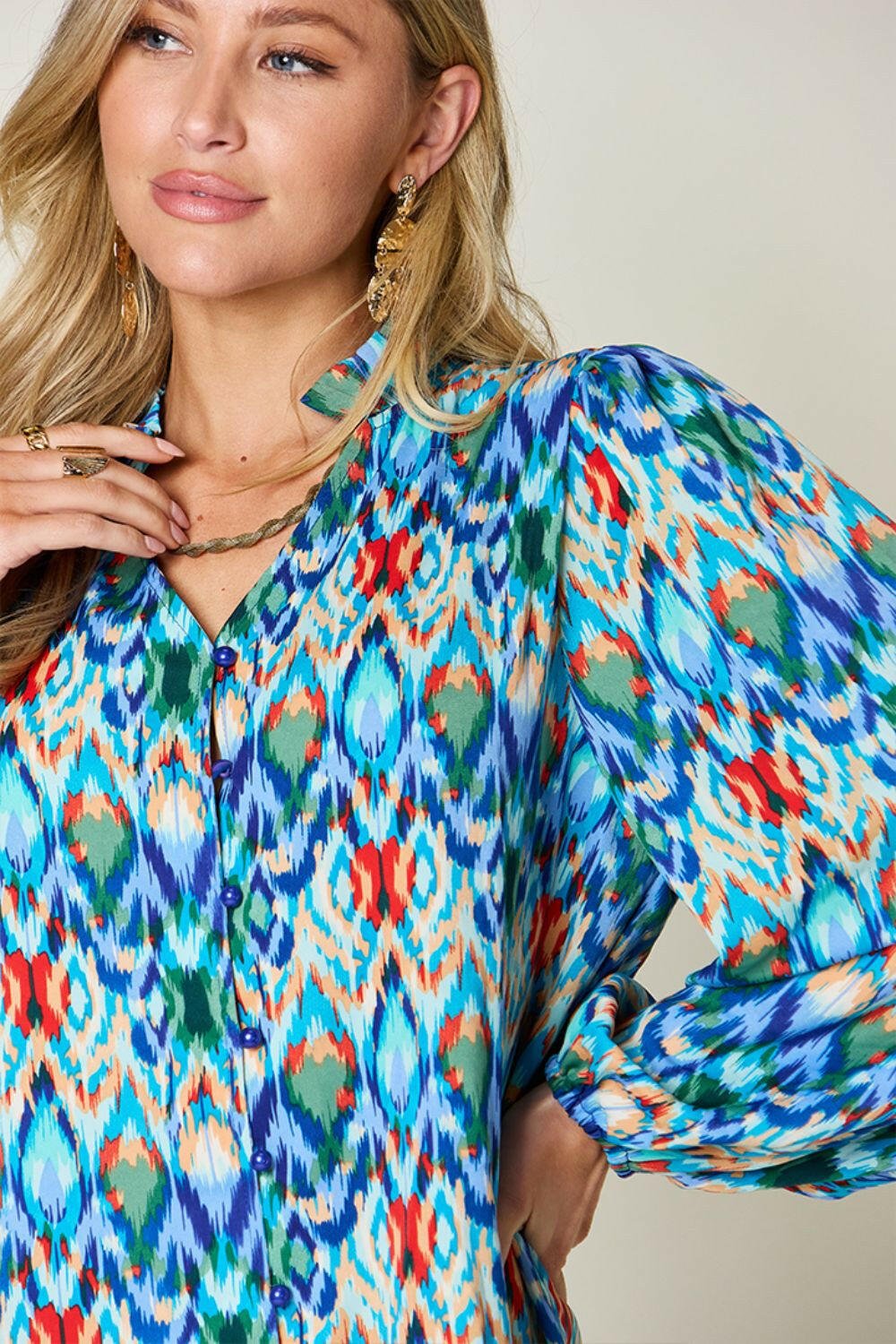 Double Take Full Size Printed Balloon Sleeve Blouse - StyleLure