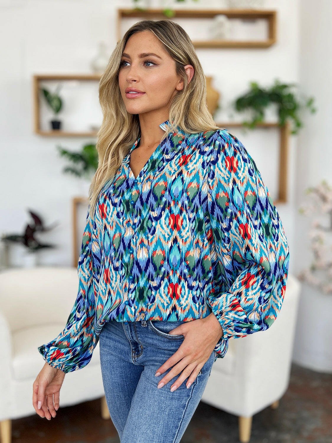 Double Take Full Size Printed Balloon Sleeve Blouse - StyleLure