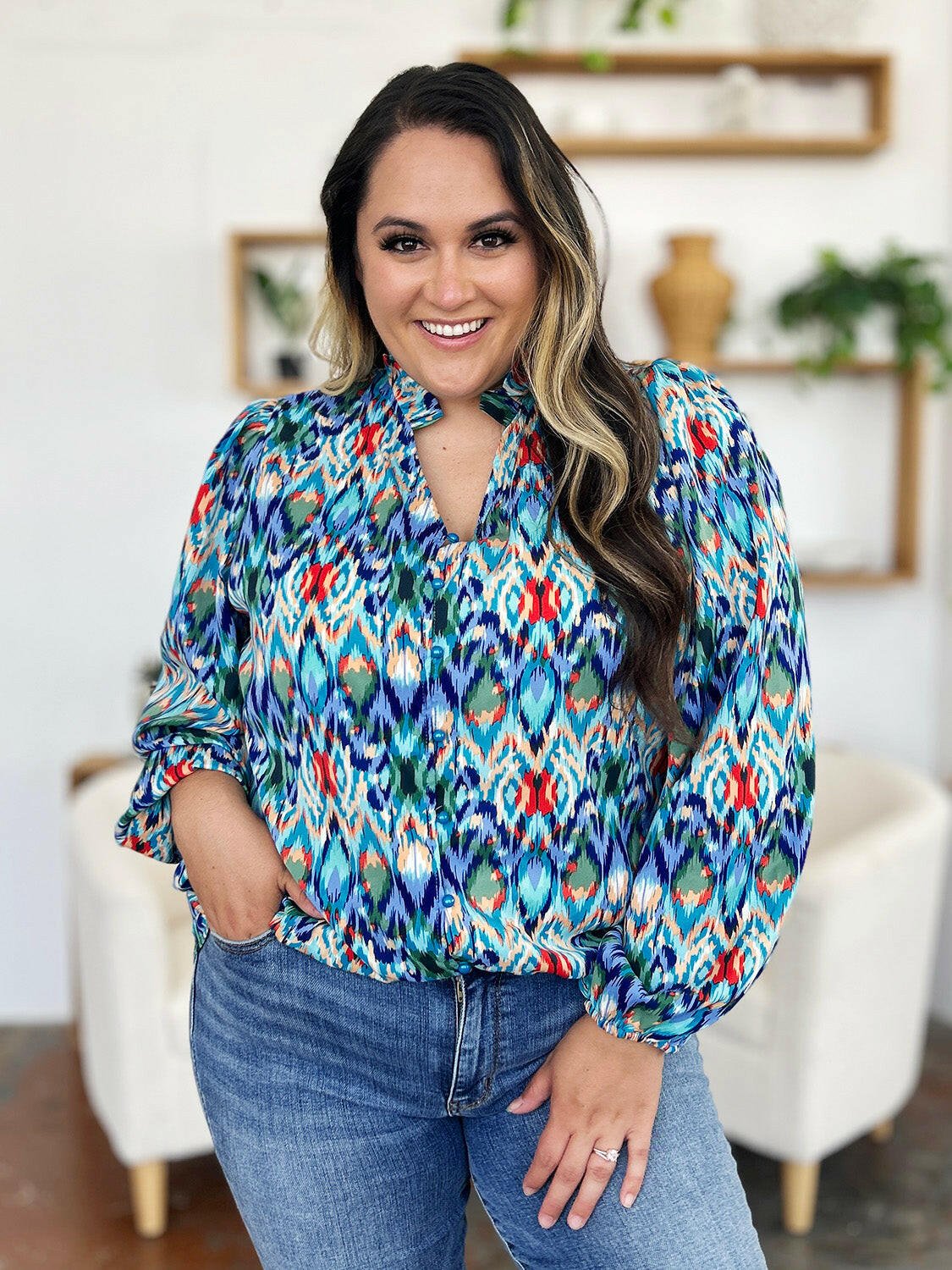 Double Take Full Size Printed Balloon Sleeve Blouse - StyleLure