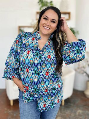Double Take Full Size Printed Balloon Sleeve Blouse - StyleLure