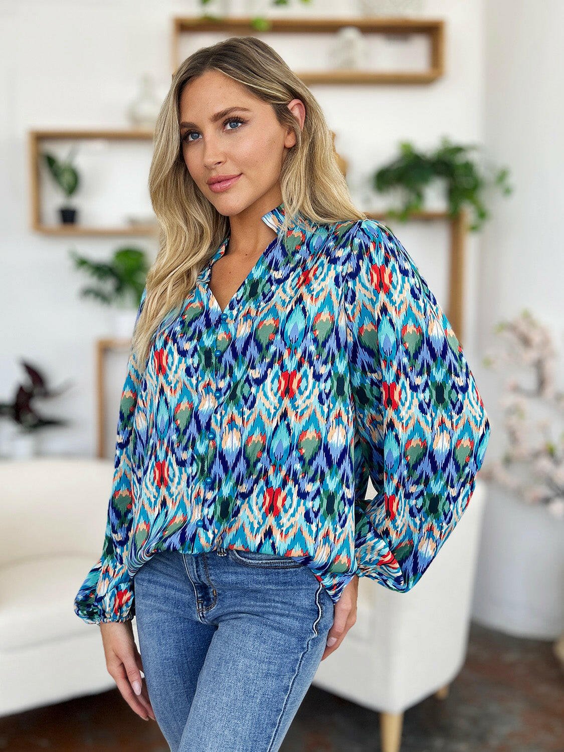 Double Take Full Size Printed Balloon Sleeve Blouse - StyleLure