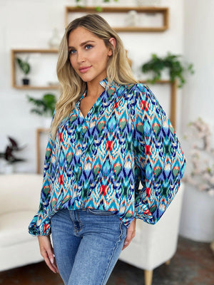 Double Take Full Size Printed Balloon Sleeve Blouse - StyleLure
