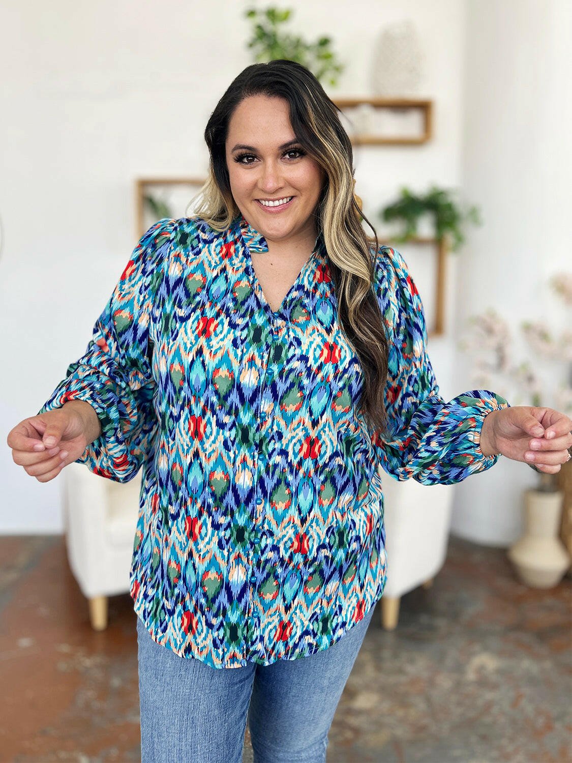Double Take Full Size Printed Balloon Sleeve Blouse - StyleLure