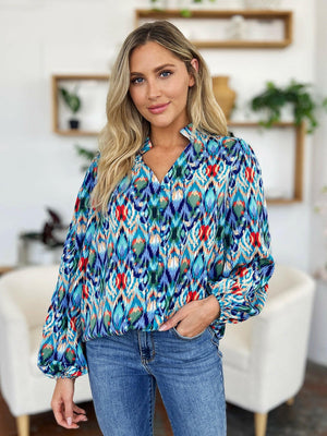 Double Take Full Size Printed Balloon Sleeve Blouse - StyleLure