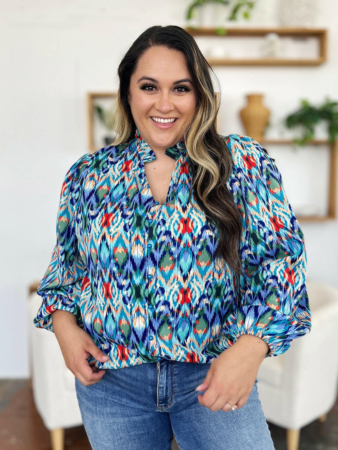 Double Take Full Size Printed Balloon Sleeve Blouse - StyleLure