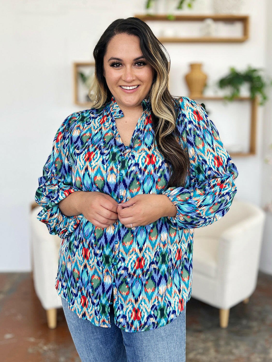 Double Take Full Size Printed Balloon Sleeve Blouse - StyleLure