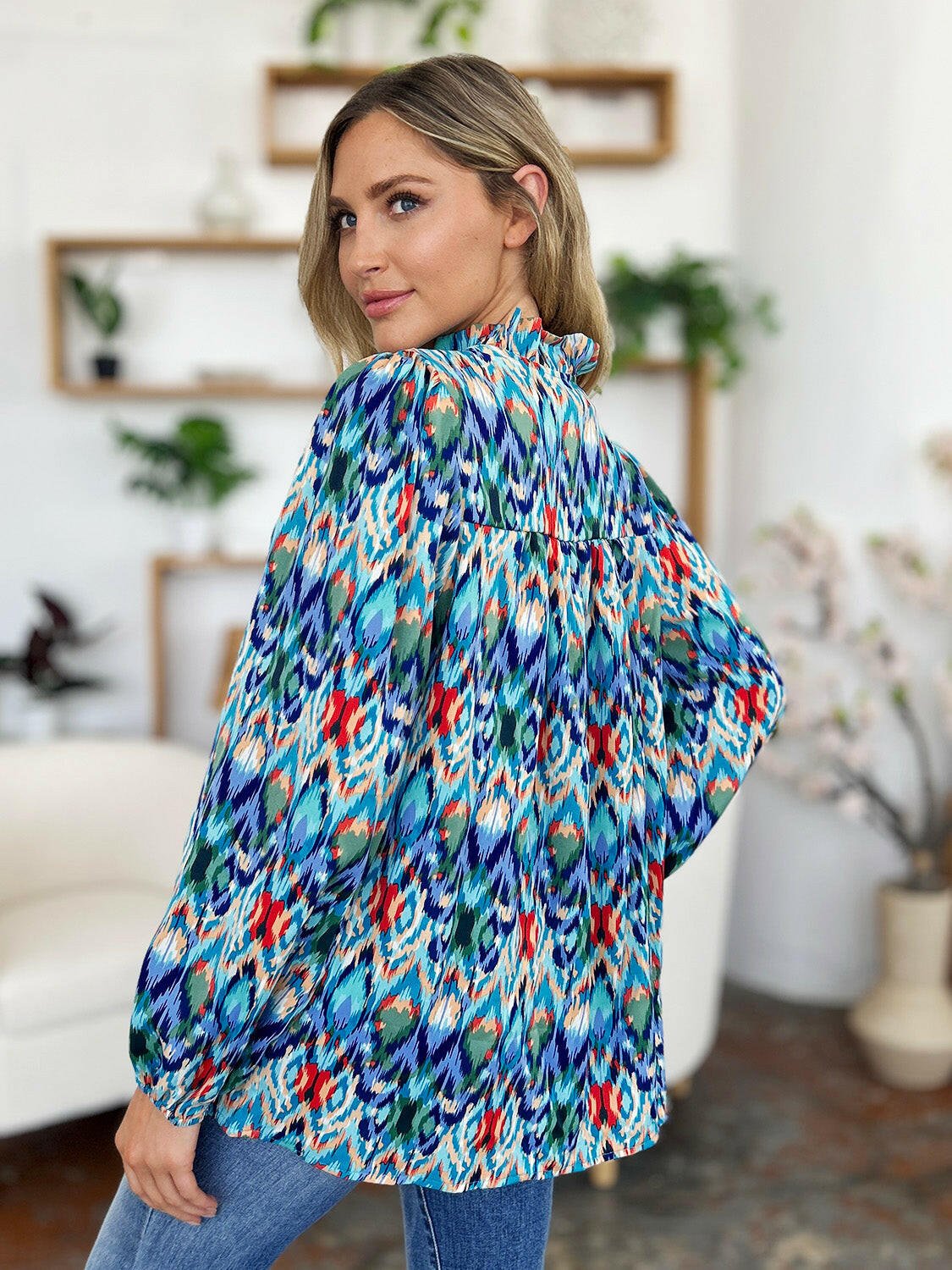 Double Take Full Size Printed Balloon Sleeve Blouse - StyleLure