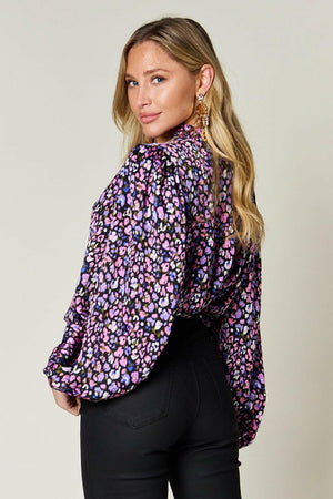 Double Take Full Size Printed Balloon Sleeve Shirt - StyleLure