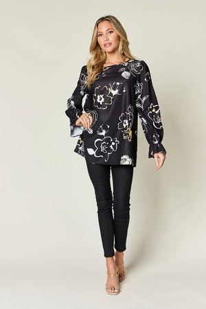 Double Take Full Size Printed Flounce Sleeve Blouse - StyleLure