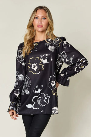 Double Take Full Size Printed Flounce Sleeve Blouse - StyleLure