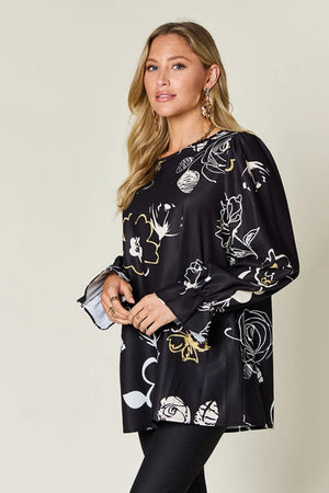 Double Take Full Size Printed Flounce Sleeve Blouse - StyleLure