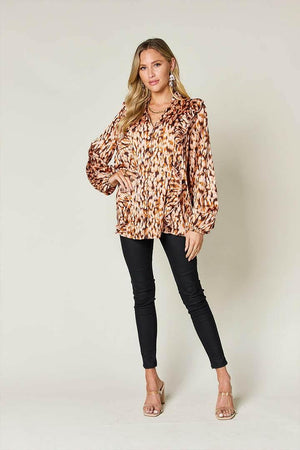 Double Take Full Size Printed Ruffle Trim Balloon Sleeve Shirt - StyleLure