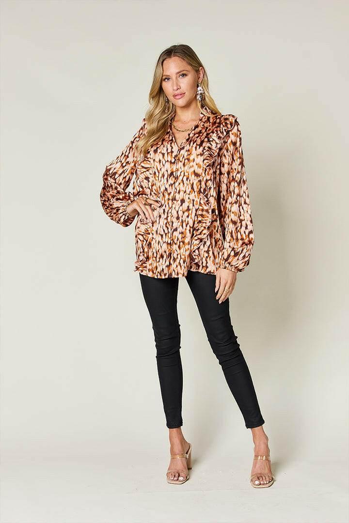Double Take Full Size Printed Ruffle Trim Balloon Sleeve Shirt - StyleLure