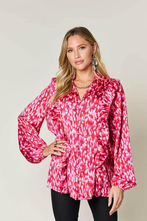 Double Take Full Size Printed Ruffle Trim Balloon Sleeve Shirt - StyleLure