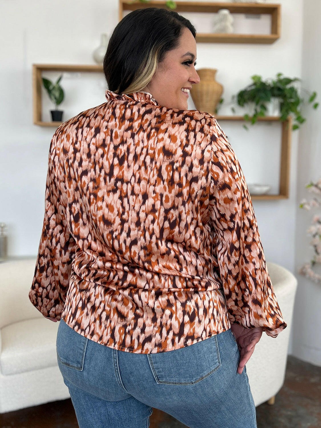 Double Take Full Size Printed Ruffle Trim Balloon Sleeve Shirt - StyleLure