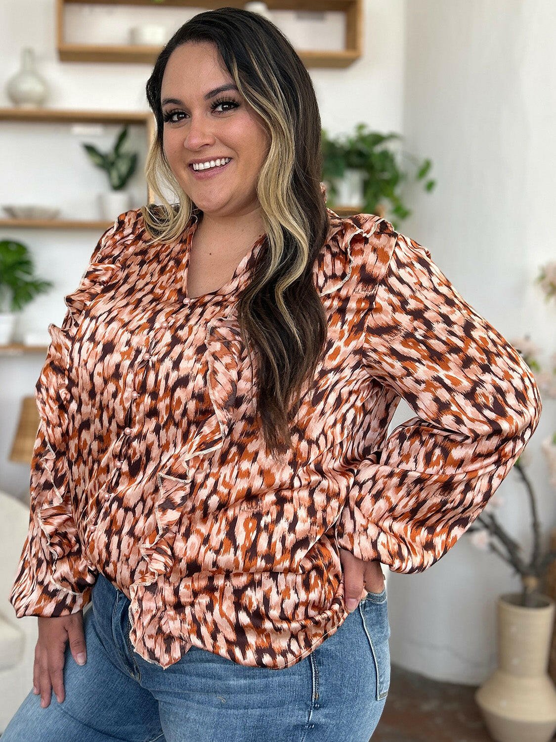Double Take Full Size Printed Ruffle Trim Balloon Sleeve Shirt - StyleLure
